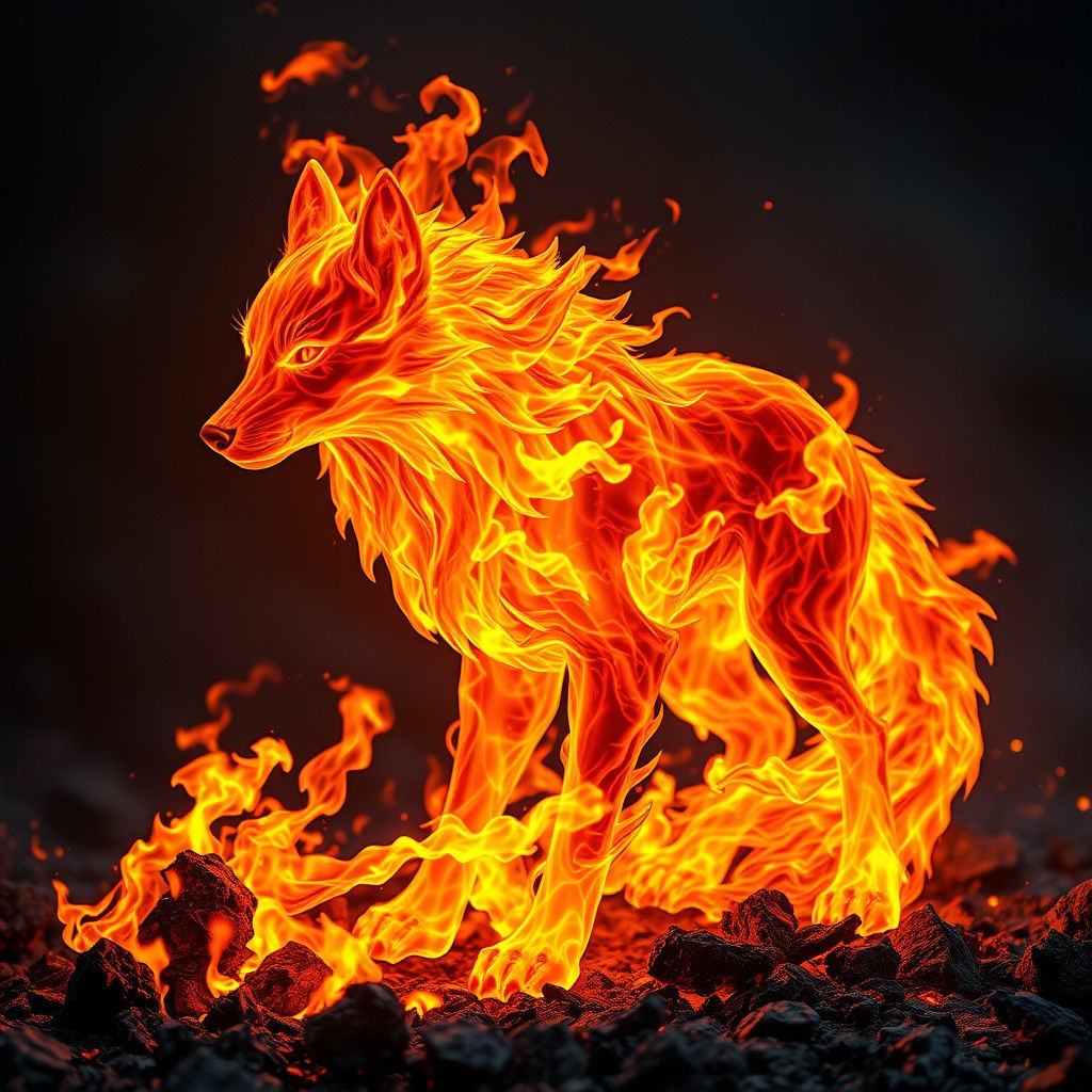 Fiery Wolf Formed from Twisting Flames