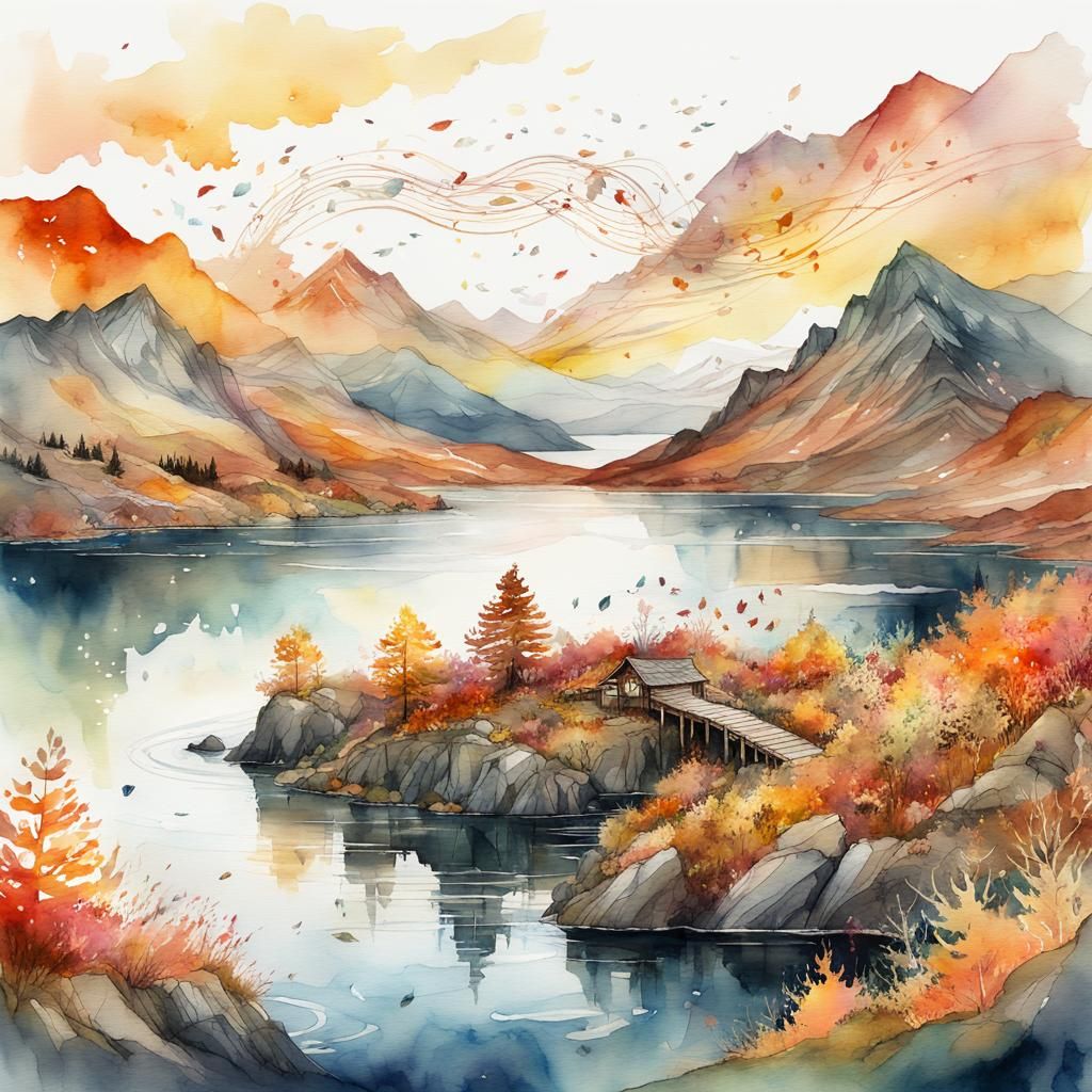 Stormy Autumn Lake: Whimsical Digital Watercolor Art