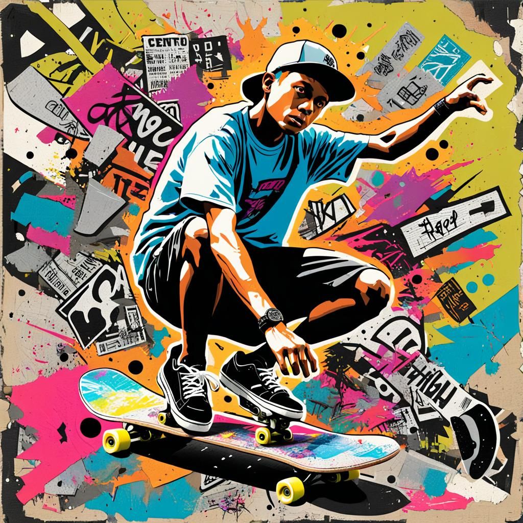 "Skate Zine Explosion":
Mixed-media digital collage of torn ...