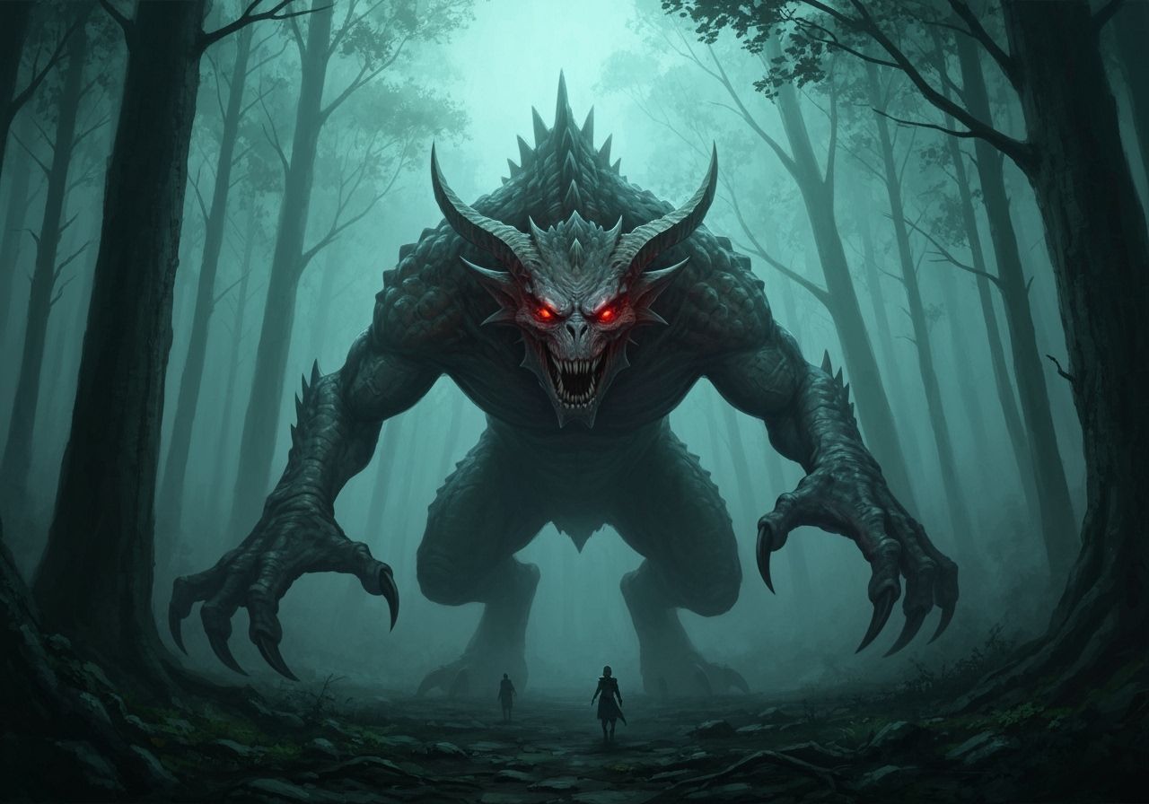 Menacing Monster Lurking in Misty Forest, Cinematic Style