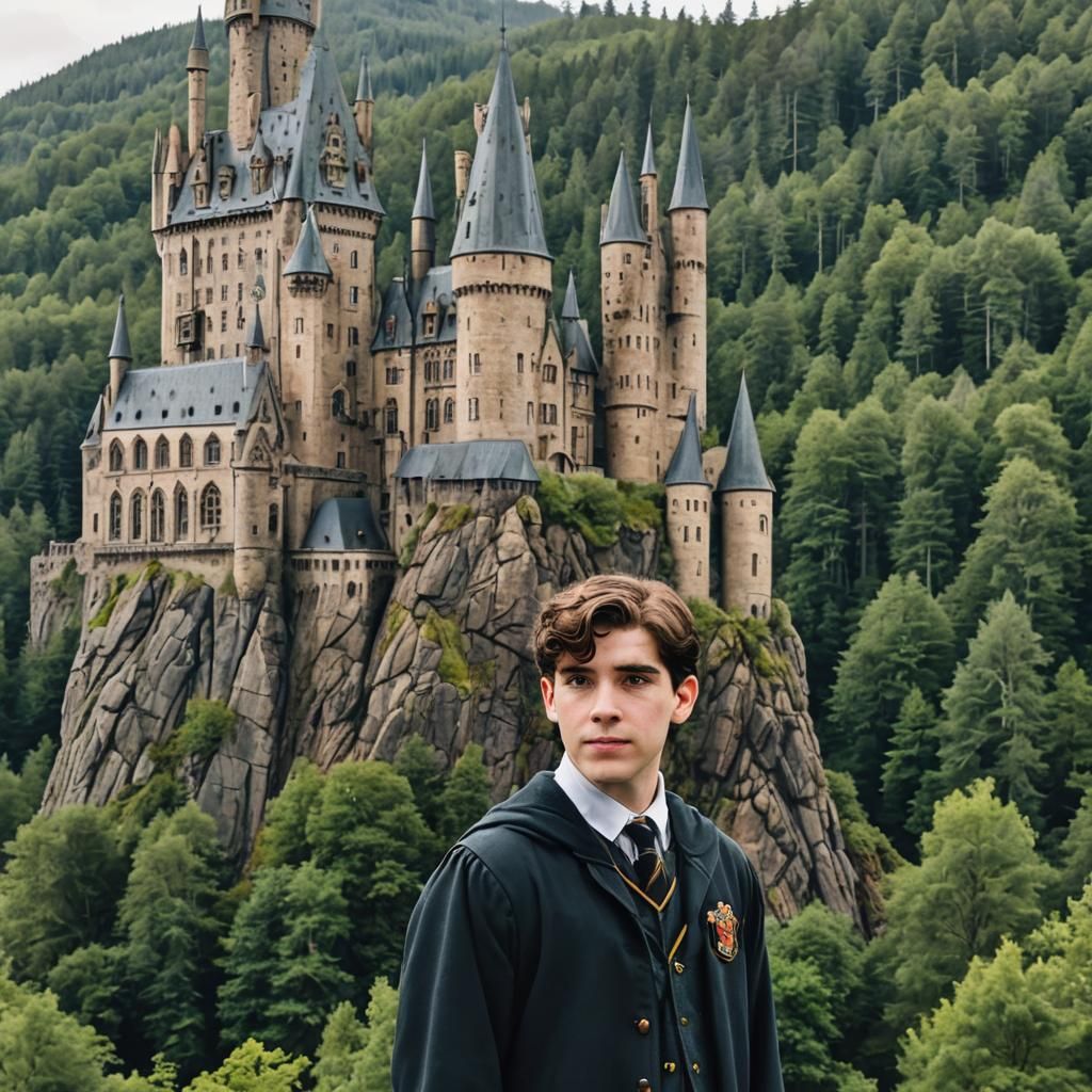 Person in Hogwarts Uniform by Castle, Forest Backdrop