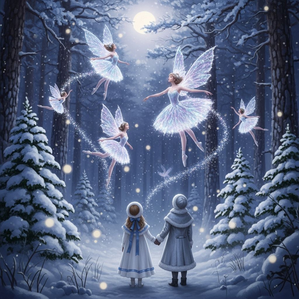 Magical Winter Forest with Fairies and Children