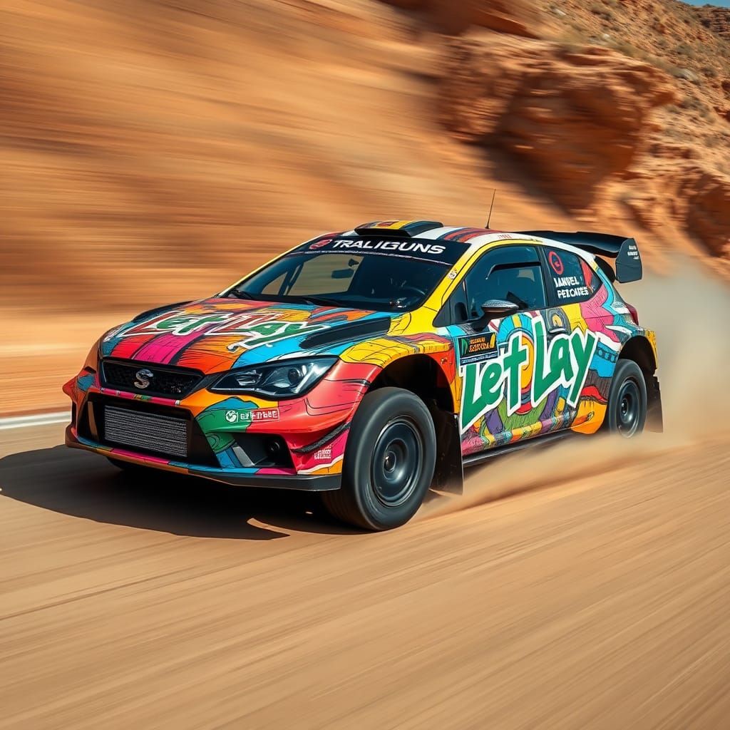 Rally car wrapped in "let it lay" artwork