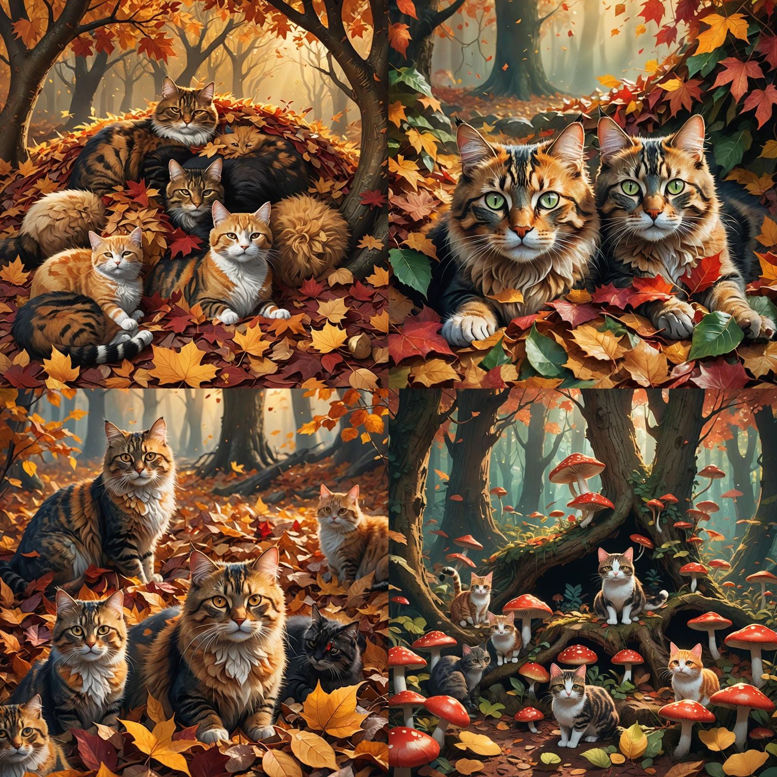 Autumn Cats Play in Leaves: Detailed Matte Painting