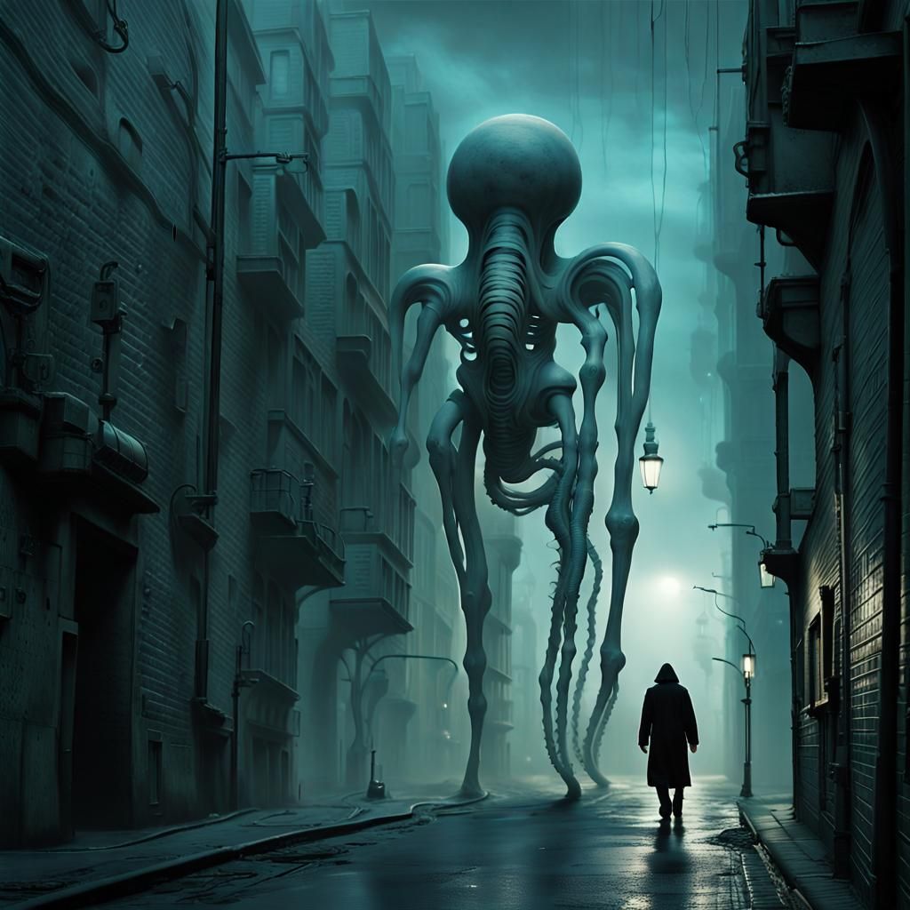 Biomechanical Figure Walks through a Giger-esque Alleyway