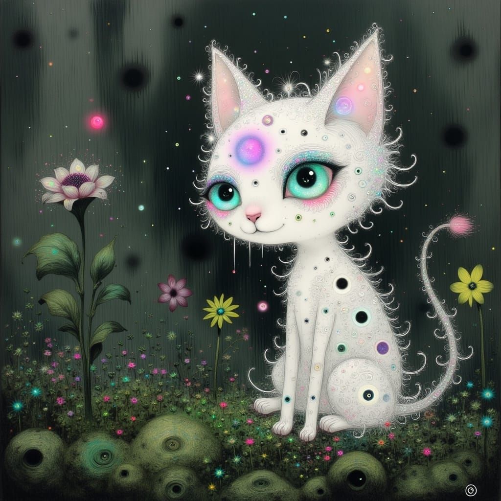 Whimsical Lace-Work Cat in a Mystical Forest