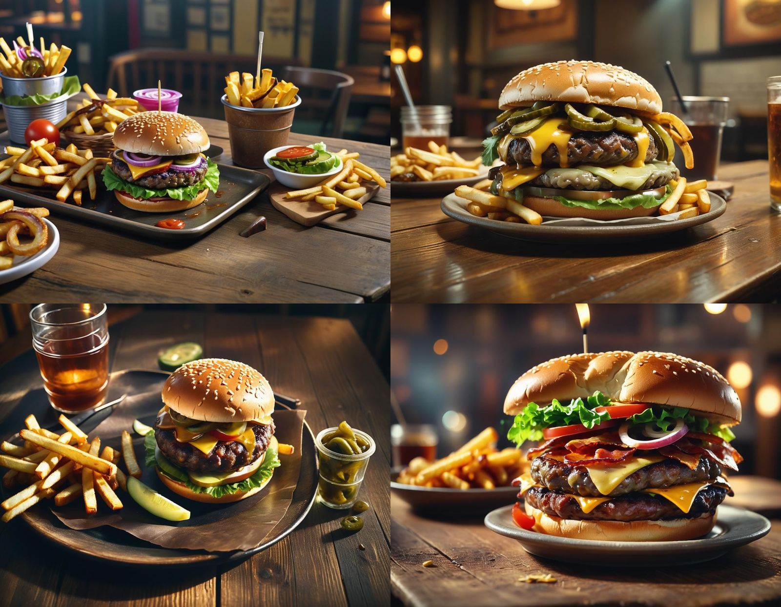 Juicy Hamburger with Fries in Restaurant Setting