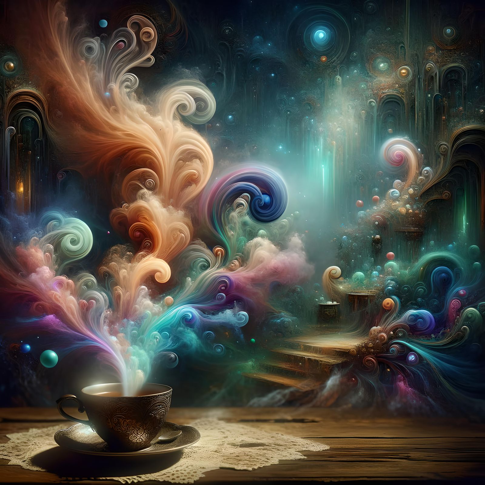 Eerie Magical Tea Cup with Multicolored Steam
