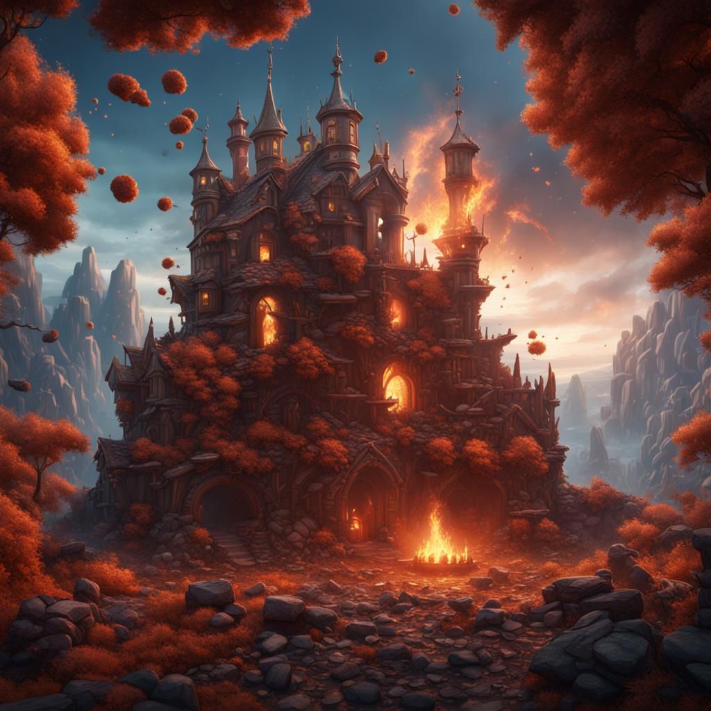 Fantastical Cozy Explosion: Detailed Matte Painting