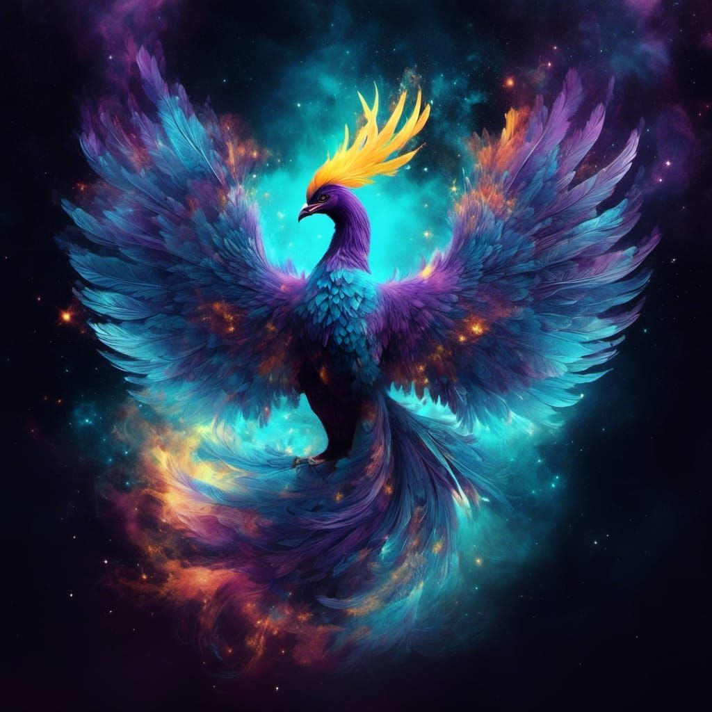 Cosmic Phoenix Double Exposure in Digital Painting