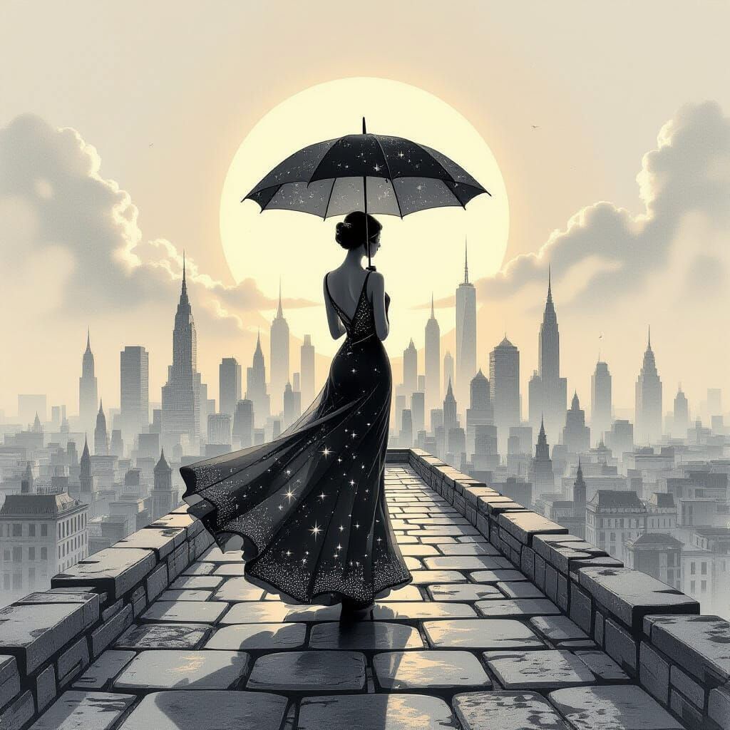 Woman in Skyscraper Gown, Graphite Art Style