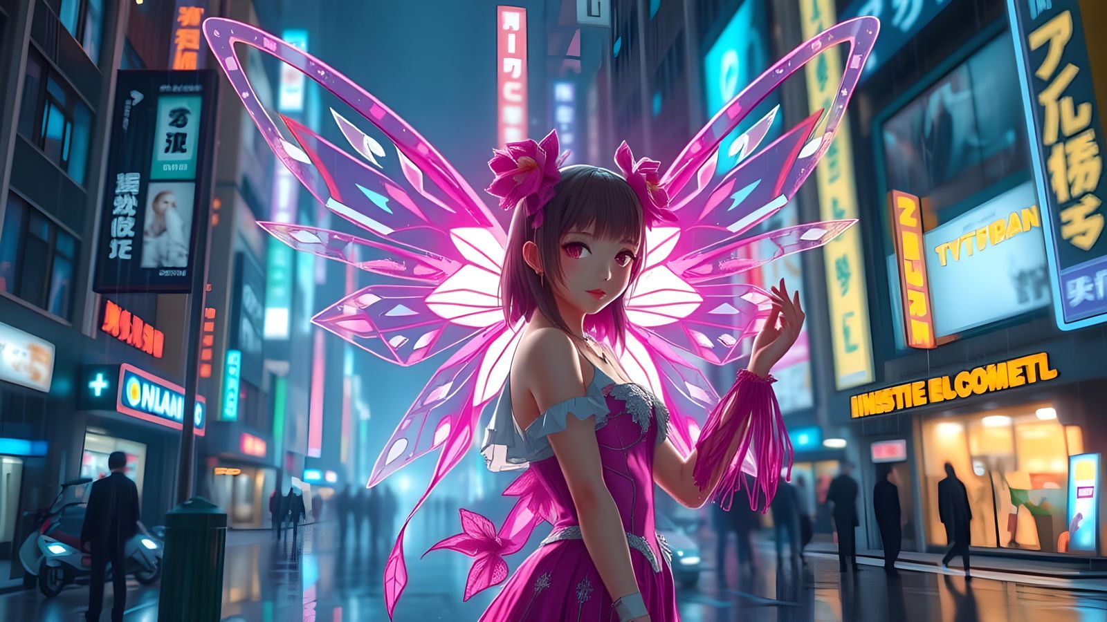 Cyberpunk Anime Fairies in Rainy Tokyo Night