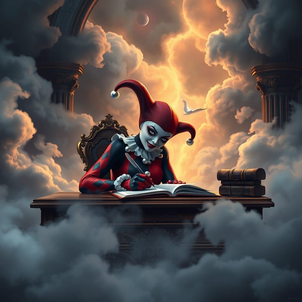 Harley Quinn Writes Amidst Whimsical Clouds in Matte Paintin...