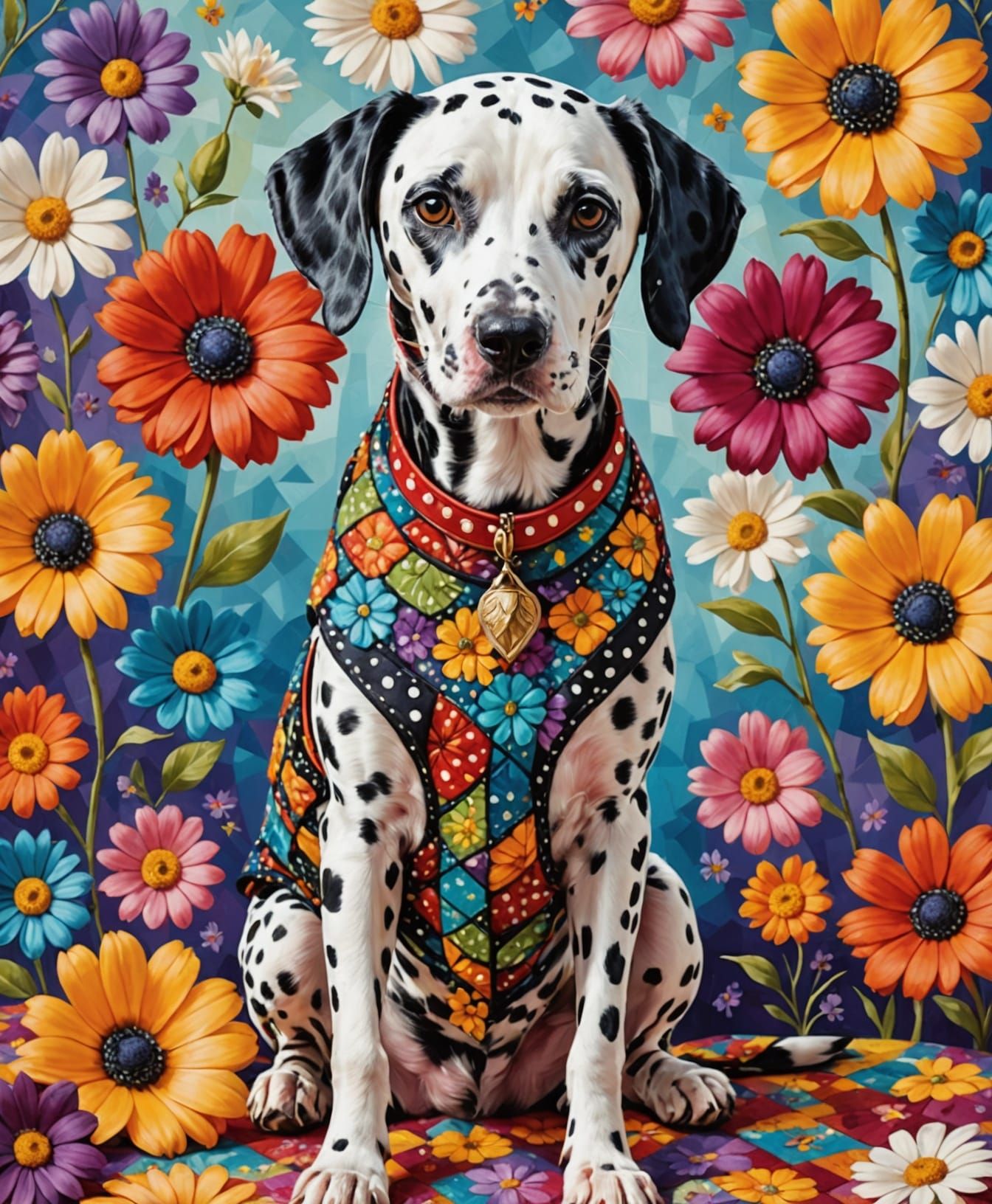 Patchwork Dalmatian Dog Portrait in Floral Dress