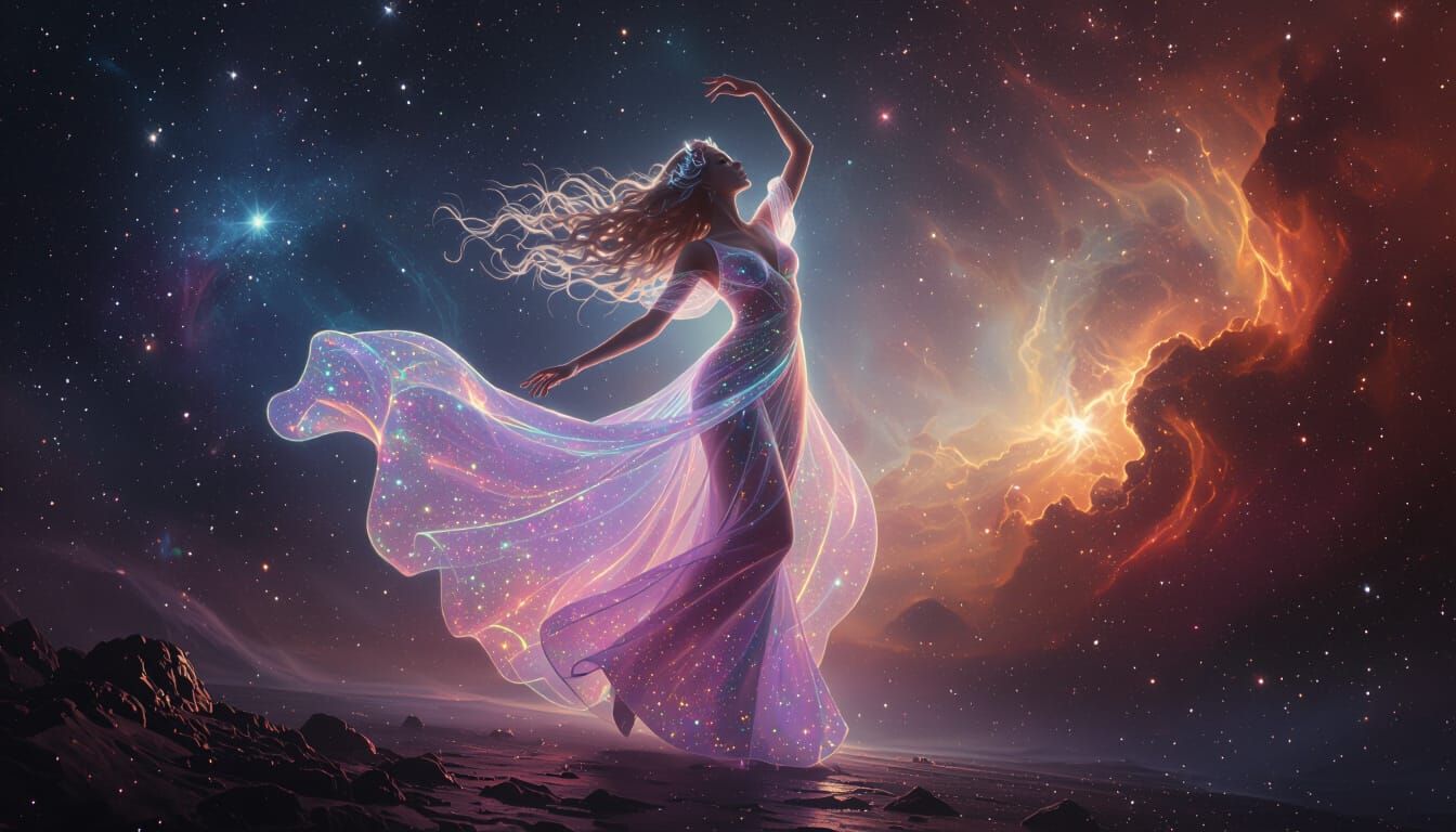 Celestial Goddess Dancing in Cosmic Nebulae
