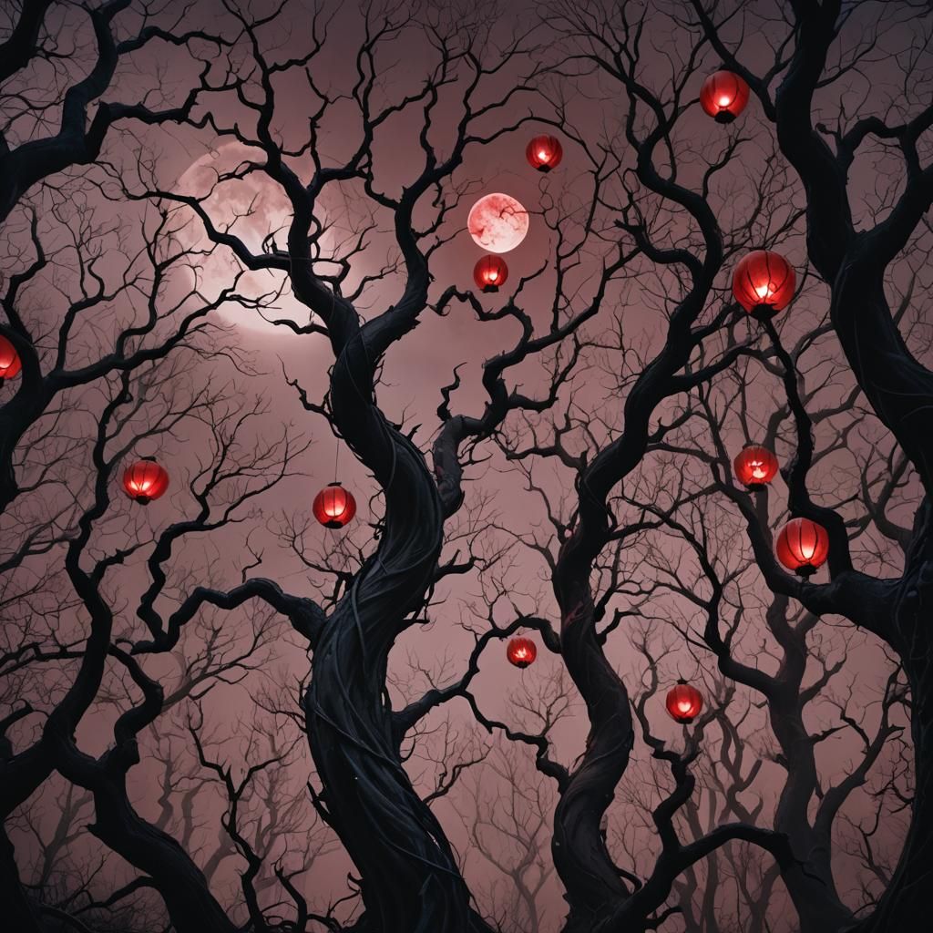 Dark Fantasy Forest Under Blood-Red Moon