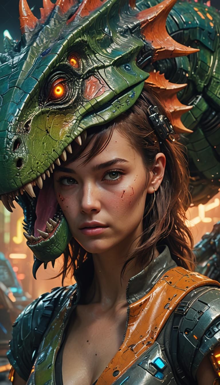 Woman Transforms into Dinosaur in Sci-Fi Art