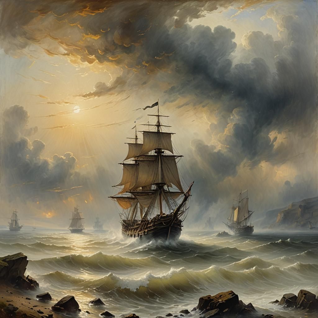 Flying Dutchman Sails Through Misty Romanticism Landscape