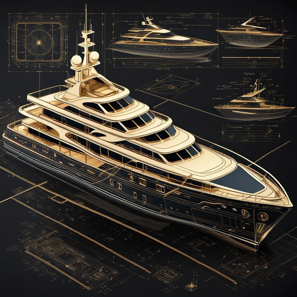 Luxury Yacht Blueprint Design in Gold Ink