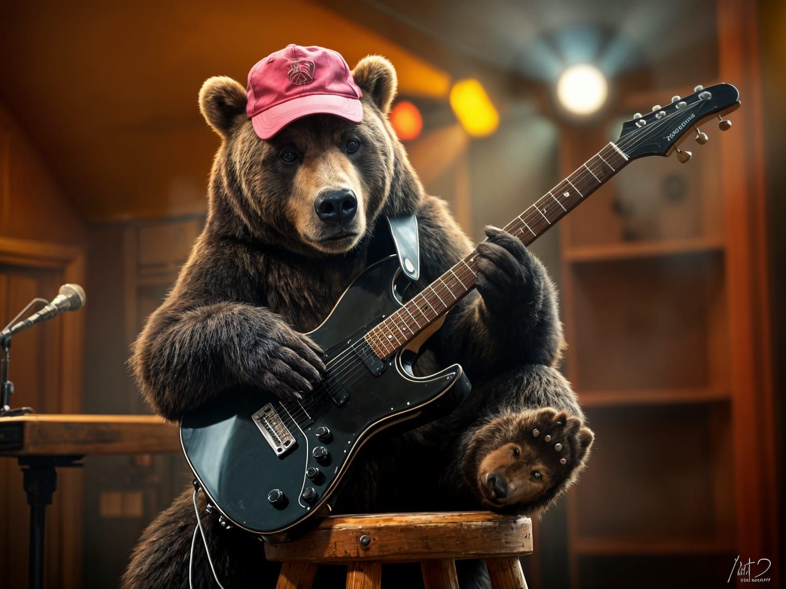 Hyper Realistic Grizzly Bear Rocks Electric Guitar in Bright...