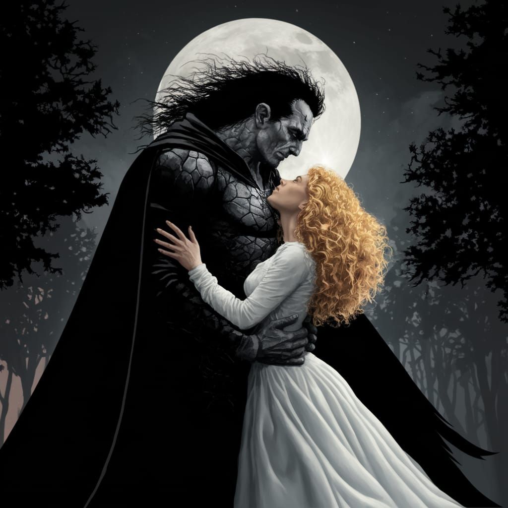 Dark Hero Embraces Lovely Lady Under Moonlit Trees