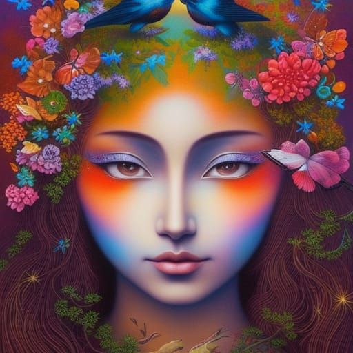 Fairytale Girl Portrait with Birds and Flowers