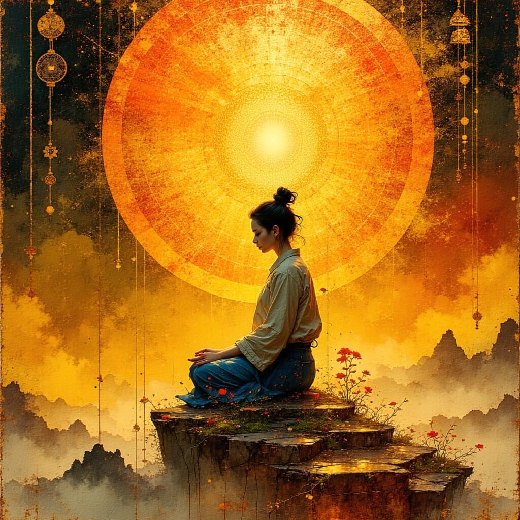 spirographing, in the style of feminine portraiture, dark orange and light gold, asian-inspired motifs, editorial illust...