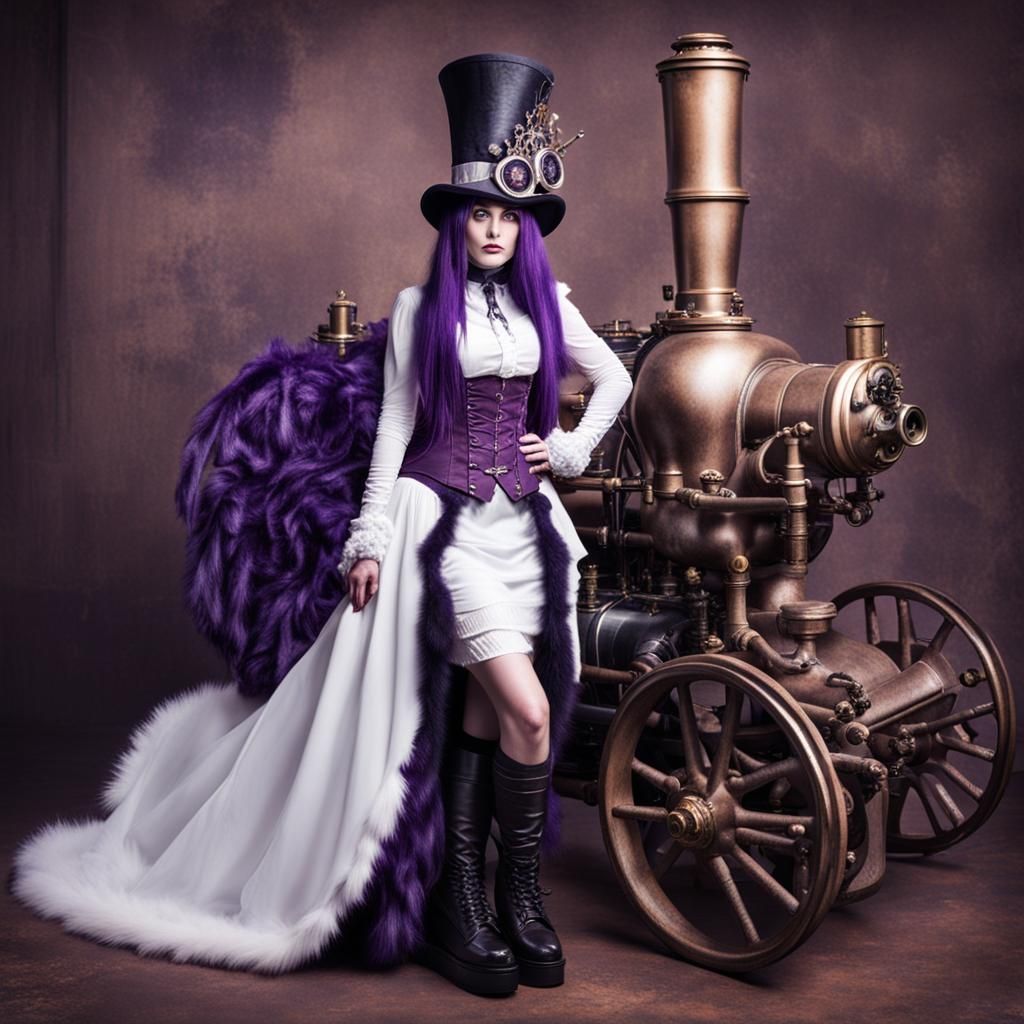 Steampunk Woman with Purple Hair and White Furs