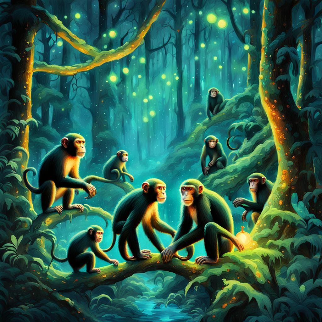 Monkey Troop in Bioluminescent Forest Watercolor