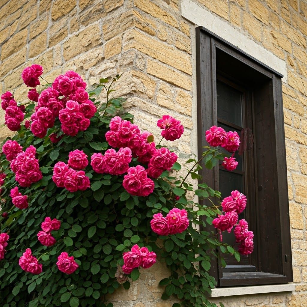 Rose vine covered house side wall angled shot