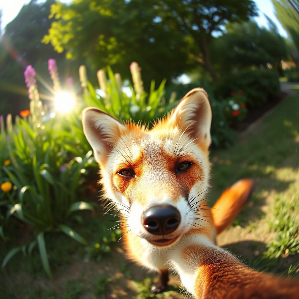 Relaxed Fox Photobombing a Lush Garden