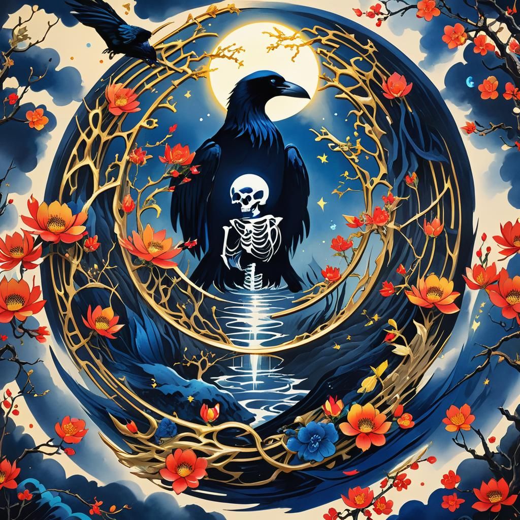 Mermaidpunk Moon Portal: Chinese Ink Painting with Raven