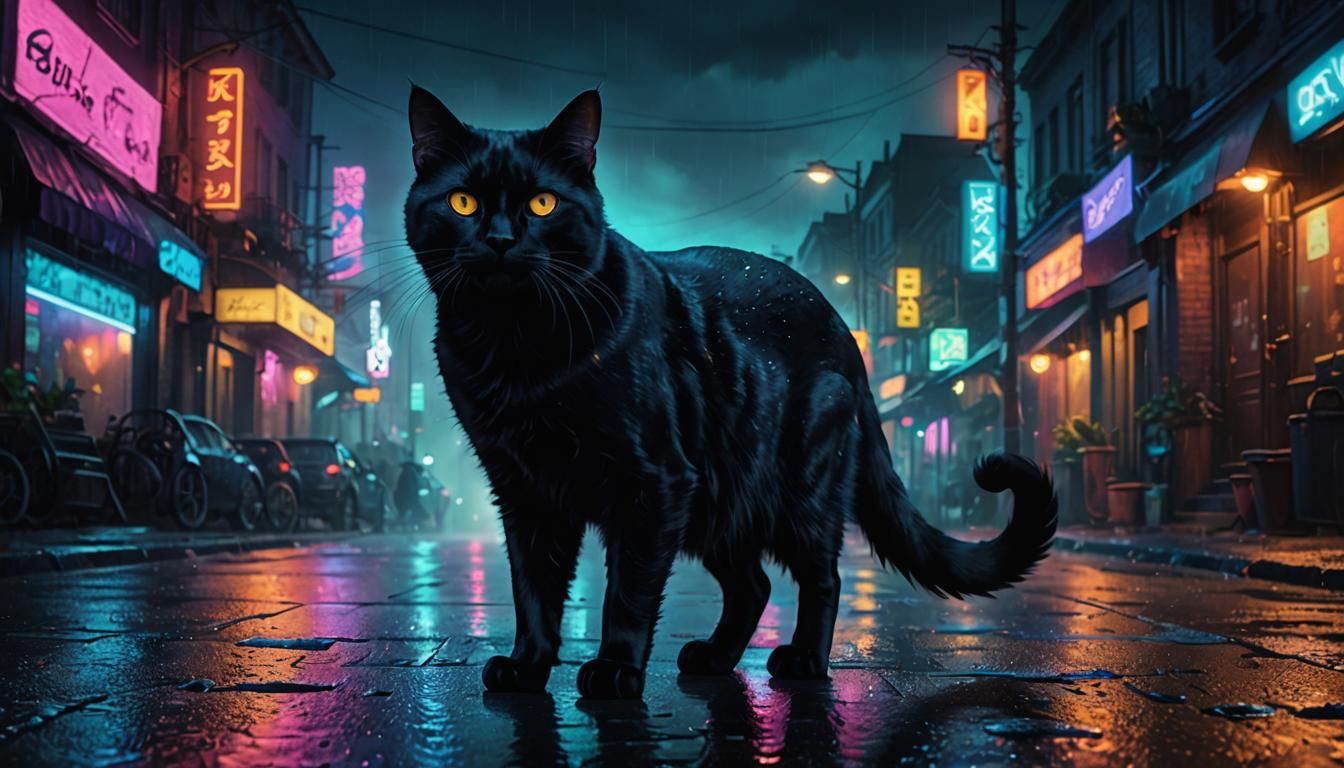 Black Cat on Neon Street: Dark Fantasy Digital Art