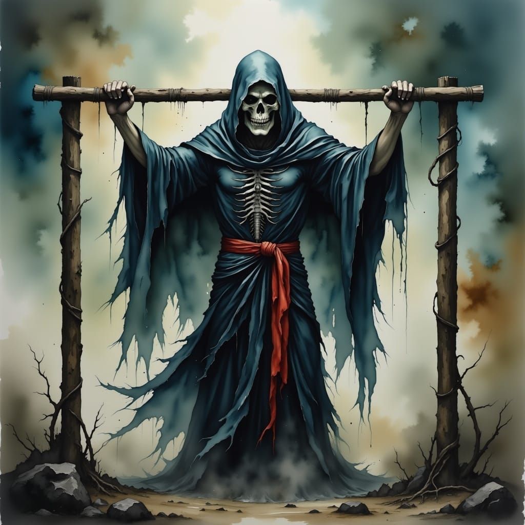 Grim Reaper in Water-Ink Style on Gallows