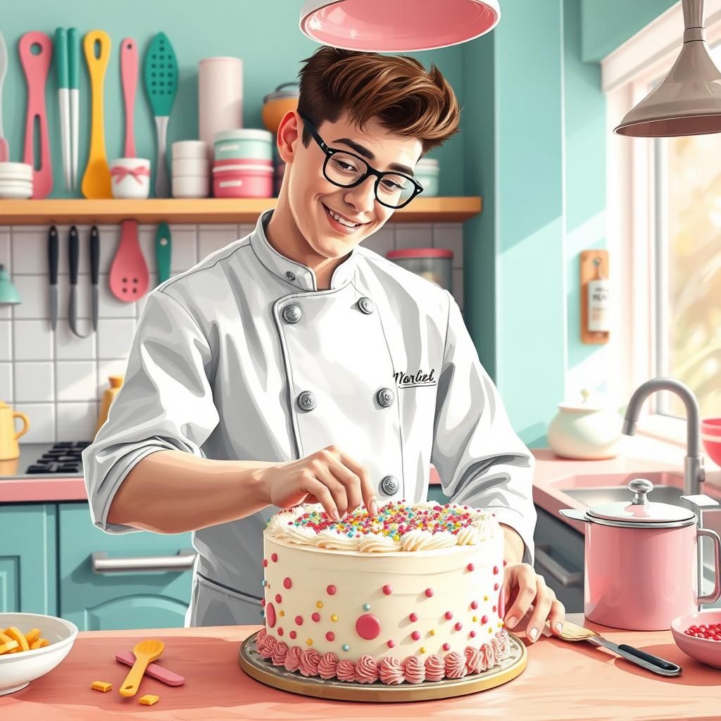 Vibrant Young Chef Decorating Cake, Digital Art Style
