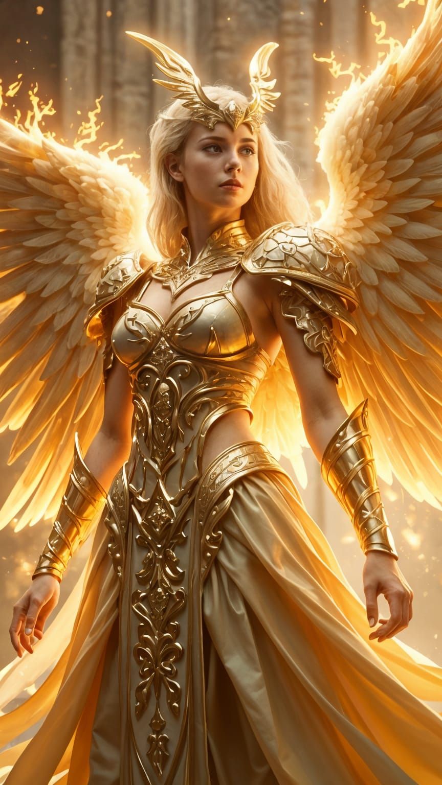 Radiant Golden Angel Warrior in Fantasy Realm