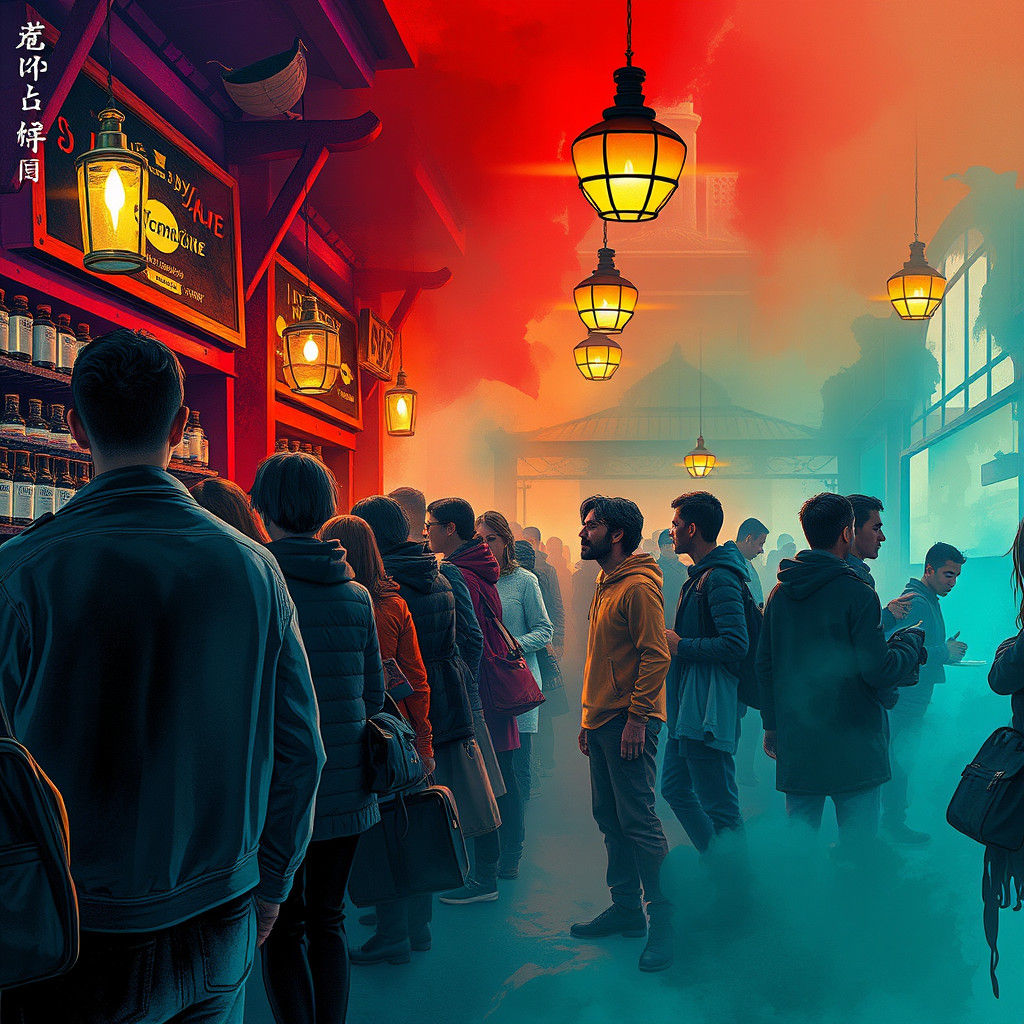 Crowded Dispensary in Colorful Ink Wash Style