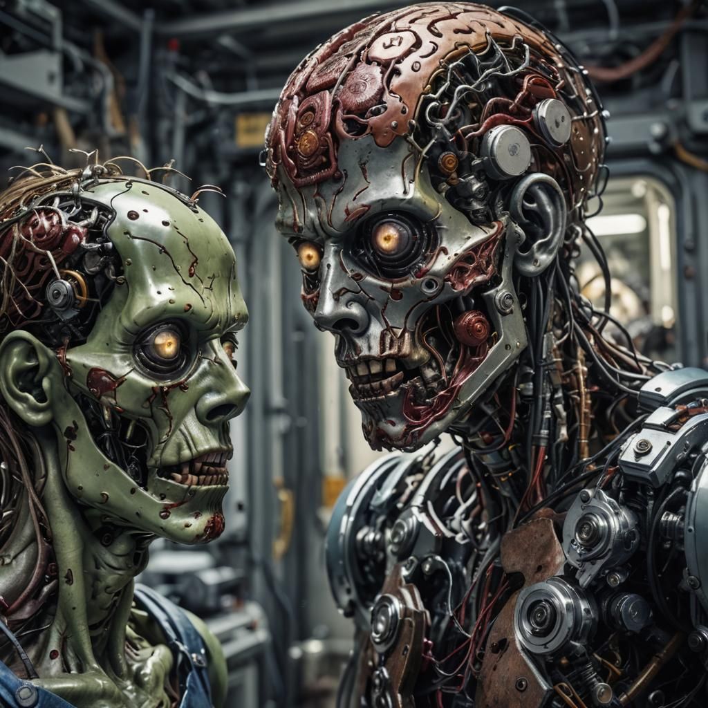 Confused Zombie Stares at Android Brain: Hyperrealistic Imag...