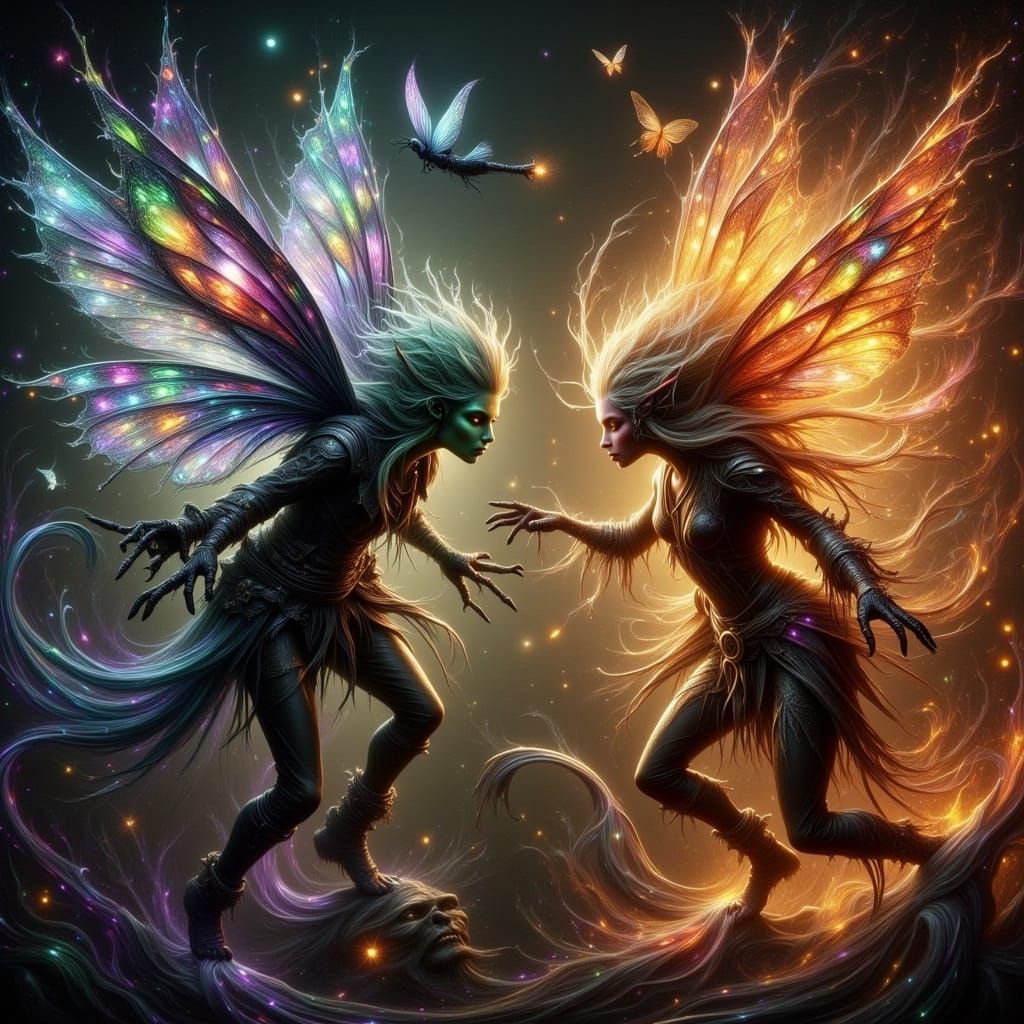 Fairy Gangs Clash in Enchanted Hyperreal Painting