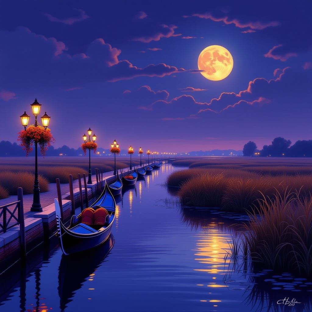 Enchanted Moonlit Canal Merges with Golden Marsh Landscape