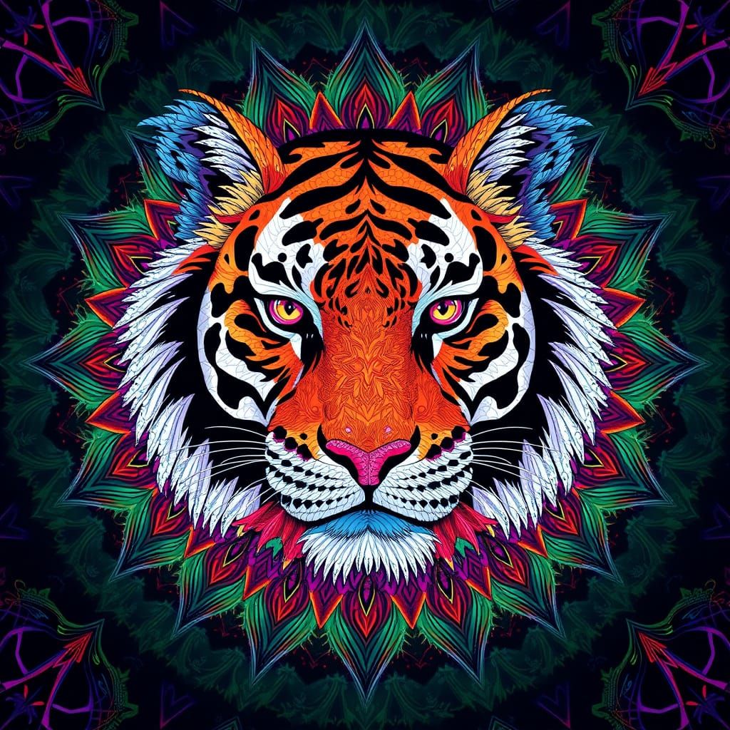 Vibrant Mandala Tiger Mosaic in Kaleidoscopic Style
