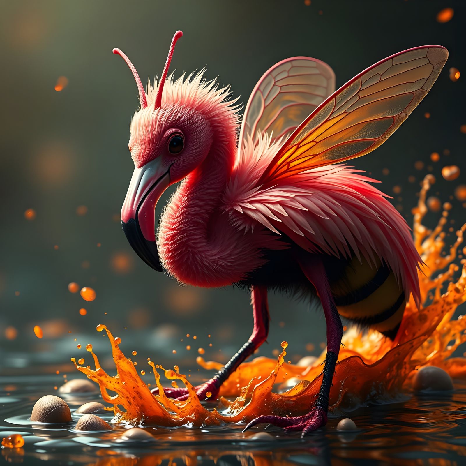 Fantastical Avian-Insect Hybrid in Vibrant Dreamscapes