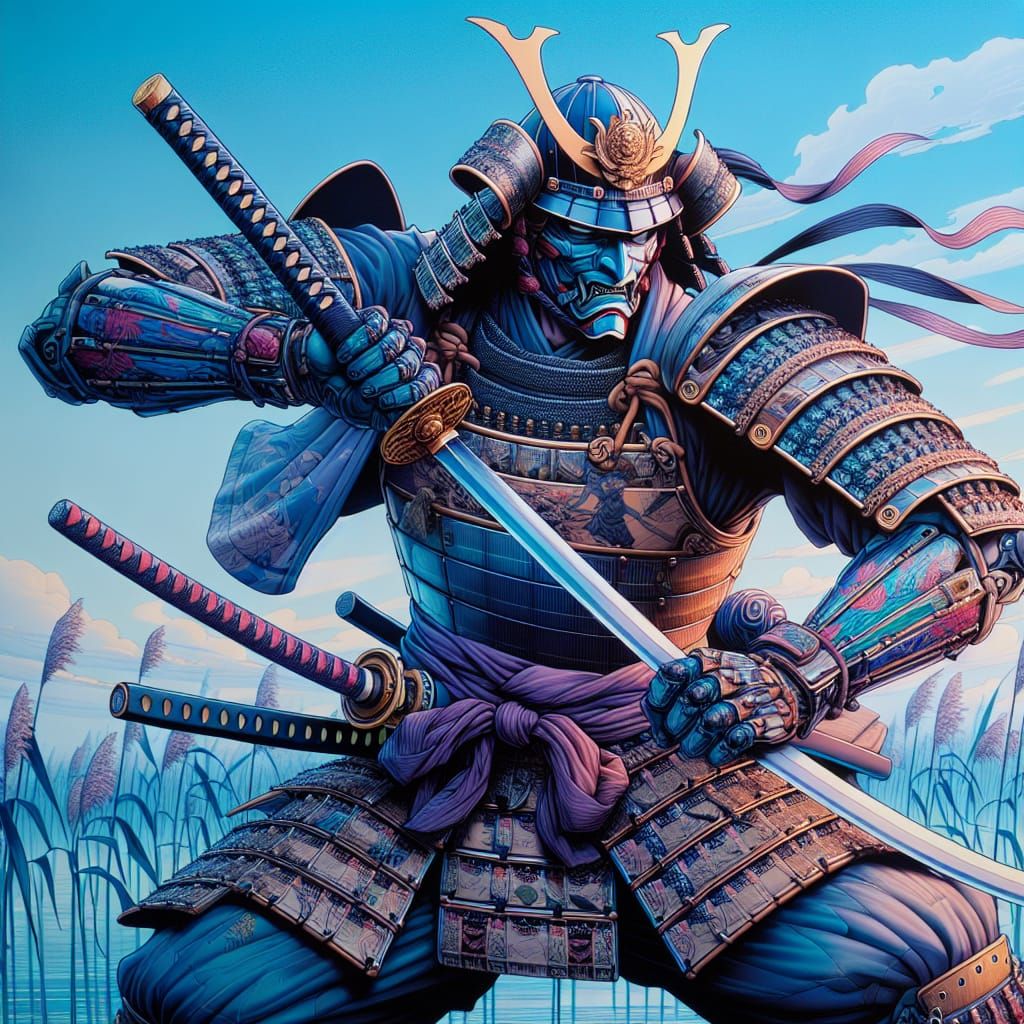Samurai Warrior in Anime Style with Japanese Tattoos