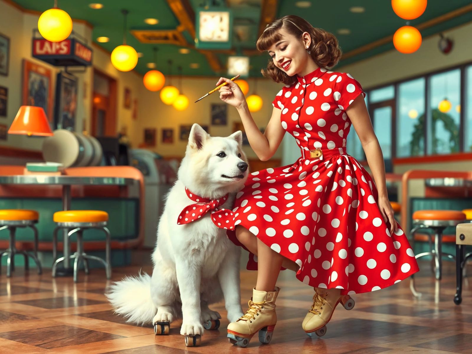 Pin-Up Skater Paints Puppy: A Surrealist Vision