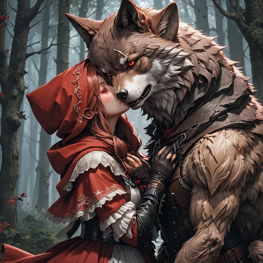 Red Riding Hood Kissing Wolf Man in Anime Art