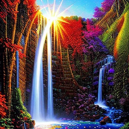 Gemstone Mosaic Waterfall Wall Art in Comic Book Style