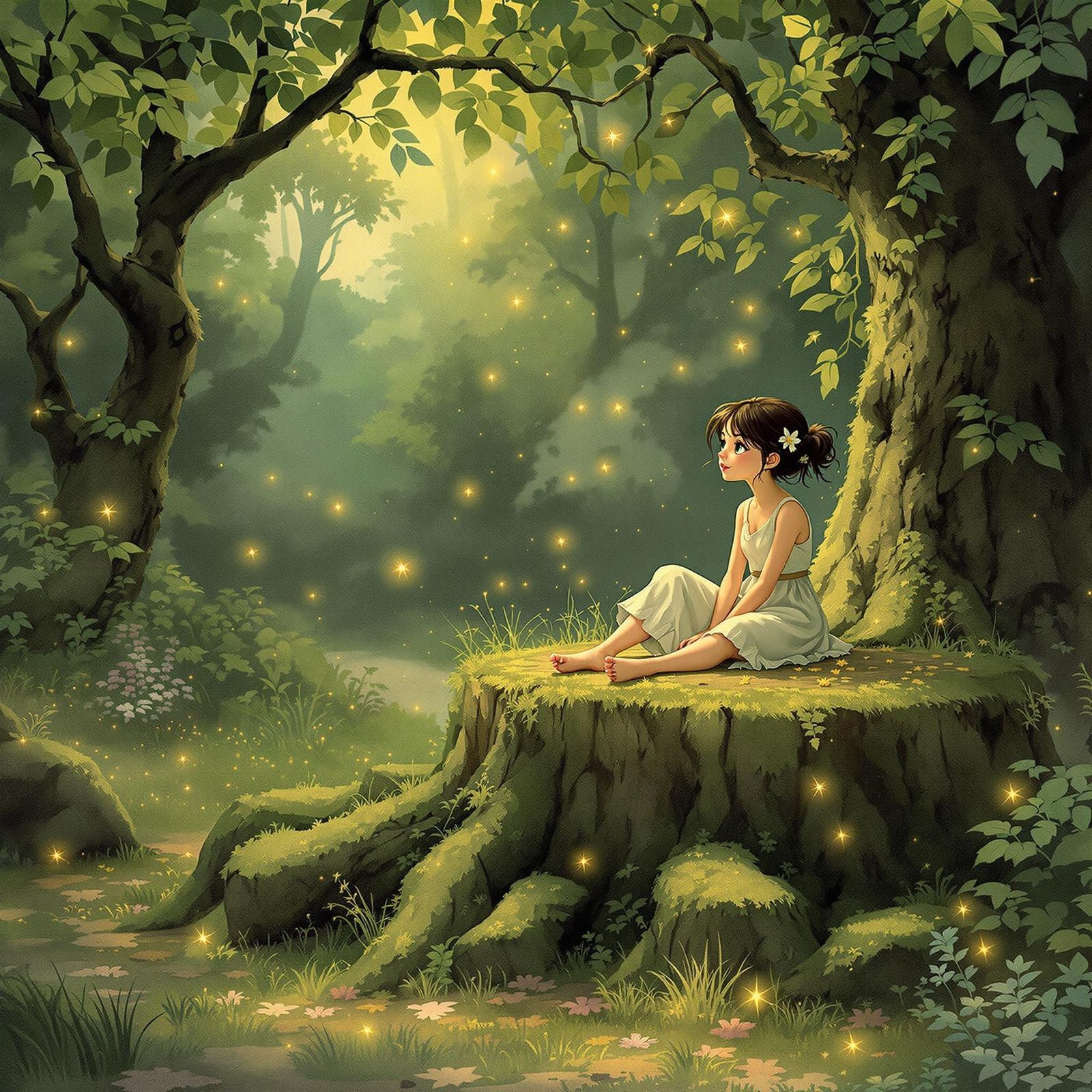 Enchanted Forest Scene with Girl, Watercolor Style