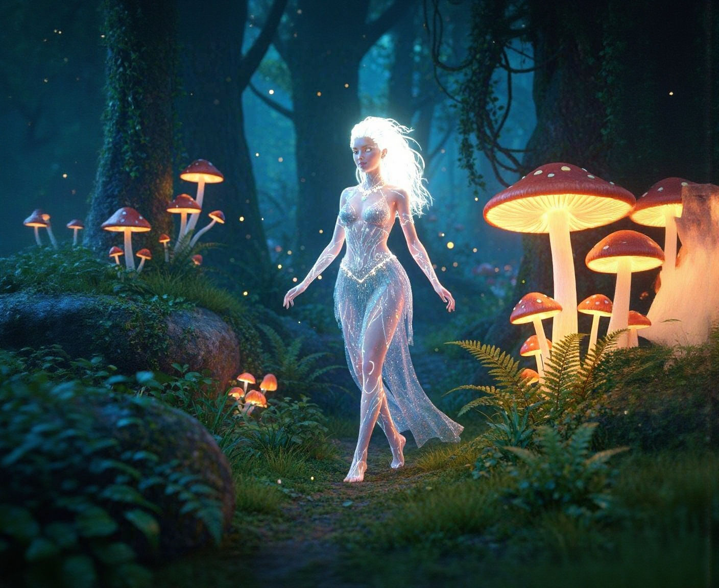 Bioluminescent Starlight Woman in Glowing Forest