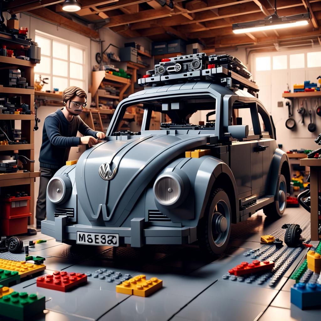 German Man Building Lego Volkswagen: Digital Matte Painting