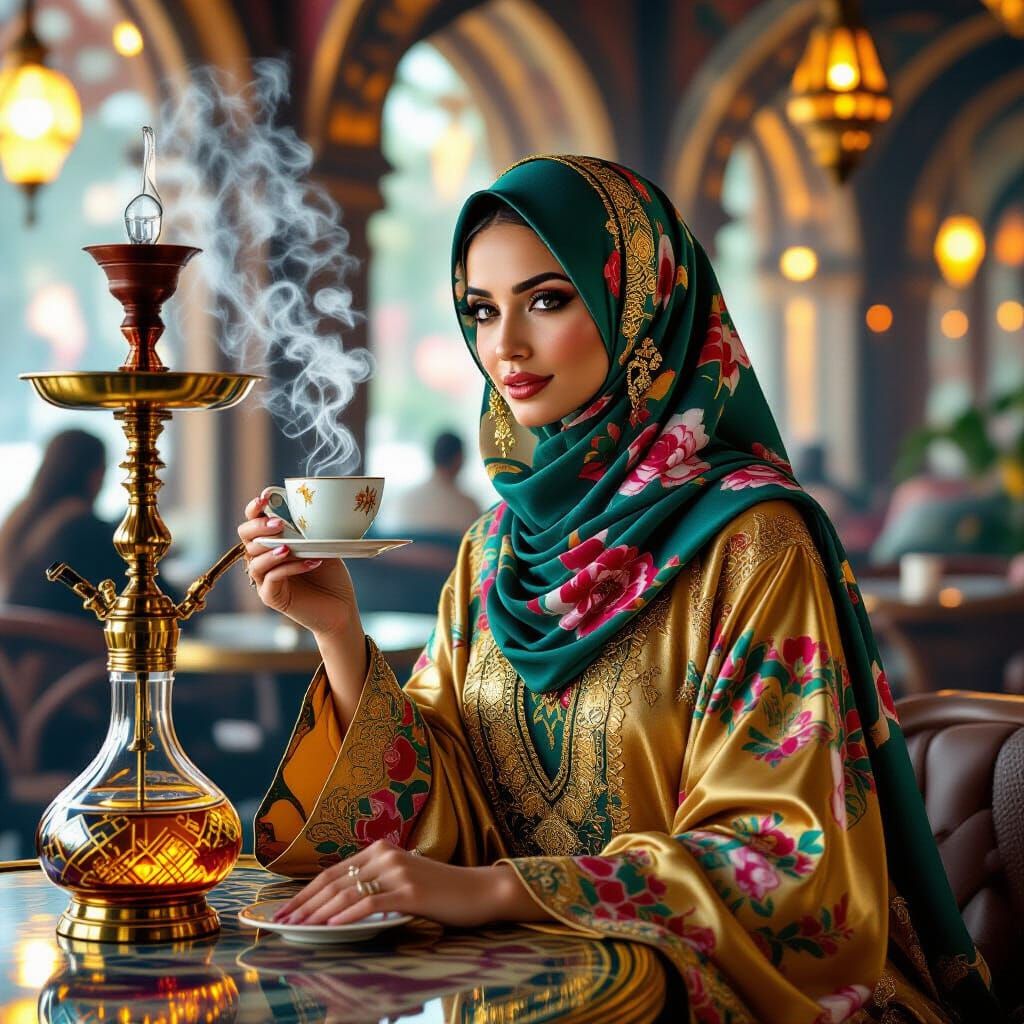 Futuristic Arab Woman in Istanbul Cafe: Art Nouveau Style